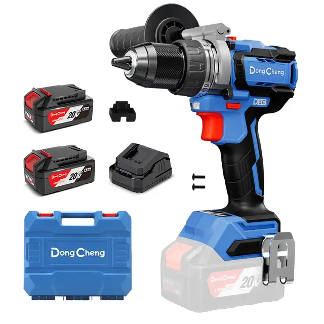 Dong Cheng Perceuse visseuse à percussion sans fil Brushless 20V 160 Nm, 2×4,0 Ah, 3 Modes-vissage, perçage et percussion, Mandrin Métal 13 mm, 2 Vitesses, Réglage du Couple 19+2, avec Coffret
