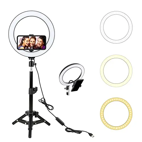 Ring Light, BONFOTO 10" Anneau Lumineux avec 45cm Trépied, Lumière Anneau Réglable avec 3 Modes d'Eclairage et 10 Niveaux de Luminosité pour Maquillage Self-Portrait Live Stream Youtube TikTok Vidéo
