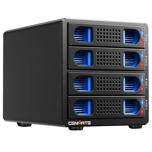 CENMATE Boîtier Disque Dur 4 Baies avec Ventilateur pour HDD/SSD SATA 2,5/3,5" avec Câble USB A/C 3.0 + eSATA, Boîtier HDD Prend en Charge Une Capacité de 80To (Pas DE Raid/NAS)