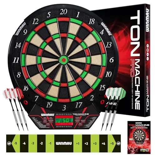 WINMAU Darts - Ton Machine Soft Tip Cible de fléchettes électronique avec Plus de 90 Jeux et Tableau de Bord numérique pour 8 Joueurs: 2 Ensembles de fléchettes, Ligne de Lancer, 10 Pointes Plastique