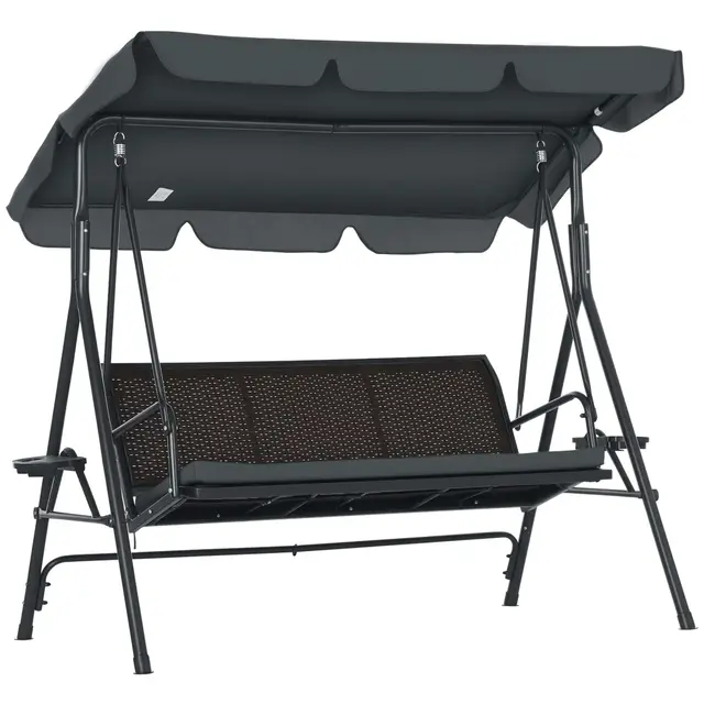 Outsunny Balancelle de Jardin 3 Places Toit Inclinaison réglable avec Porte-gobelets Plateaux Coussin Assise Dossier Ergonomique en résine tressée PE Cadre en Acier et Polyester Gris foncé et Marron