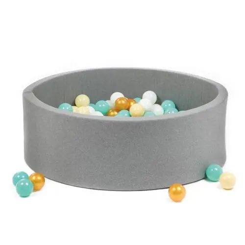 LUDI - Piscine à Balles Ronde en Mousse - Ø 90 cm x H 30 cm - pour Bébé dès 6 Mois - 100 Balles Incluses - Tissu Doux et Lavable - Couleur Gris - Favorise Motricité et Coordination - Facile à Monter