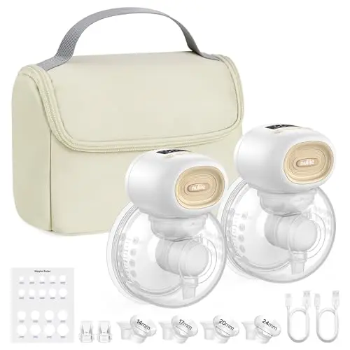 Nuliie Tire Lait Electrique Main Libre avec Sac de Rangement Portable, 4 Modes et 12 Niveaux, Tire Lait Electrique Allaitement avec Bride de 14/17/20/24/27 mm (2 Paquets, Blanc)