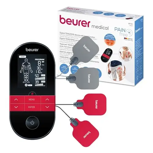 Beurer EM 59 Électrostimulateur musculaire TENS/EMS, 4-en-1 pour la thérapie de la douleur, la stimulation musculaire, le massage et avec fonction chaleur, avec 4 électrodes et batterie.