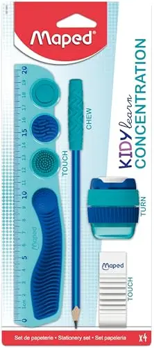 Maped -Set 4 pièces Kidy Learn Concentration - Règle - Tailles-crayons - Gomme - Graphite embout relaxant - stimulation sensorielle - améliorer le concentration - recommandé par les enseignants