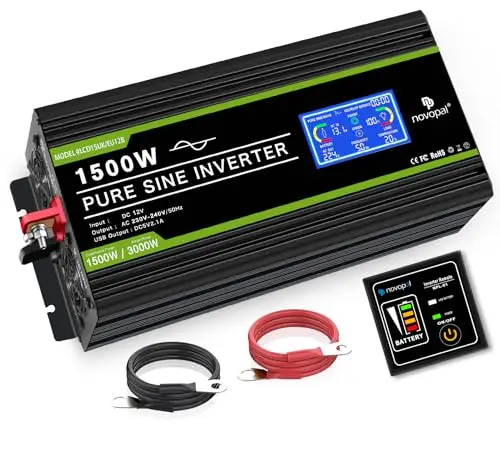 NOVOPAL Convertisseur Pur Sinus 1500W Onduleur Convertisseur 12V 220V 230V avec télécommande et Dual AC Prises et écran LCD,pour Voiture, Caravane, Bateau, Camping, Voyage