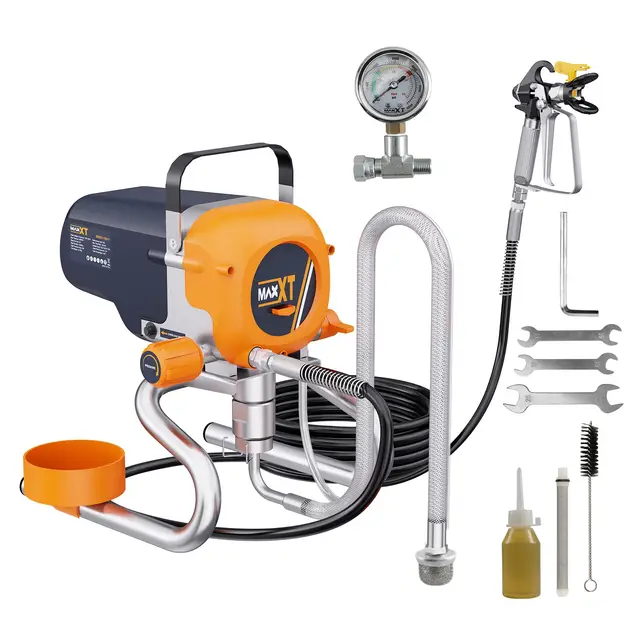 Pistolet à peinture sans air MAXXT|Haute pression 226 bar|1200 W | Débit max. 1,6 l/min | Flexible haute pression 7,5 m|Léger : 6,7 kg | Pour peintures à base d'eau et vernis (viscosité max.120 DIN-s)