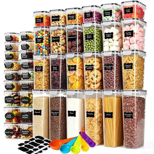 42 boîtes de rangement hermétiques avec couvercles pour céréales, farine et sucrePots de cuisine et d'organisation en plastique, y compris cuillères, étiquettes et stylos