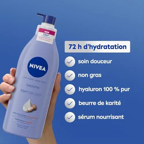 NIVEA Lait Corps Hydratant Douceur 72h (1 x 250 ml) — Crème hydratante à l'Acide Hyaluronique pur & Beurre de karité — Soin pour le corps avec sérum hydratant nourrissant peaux sèches