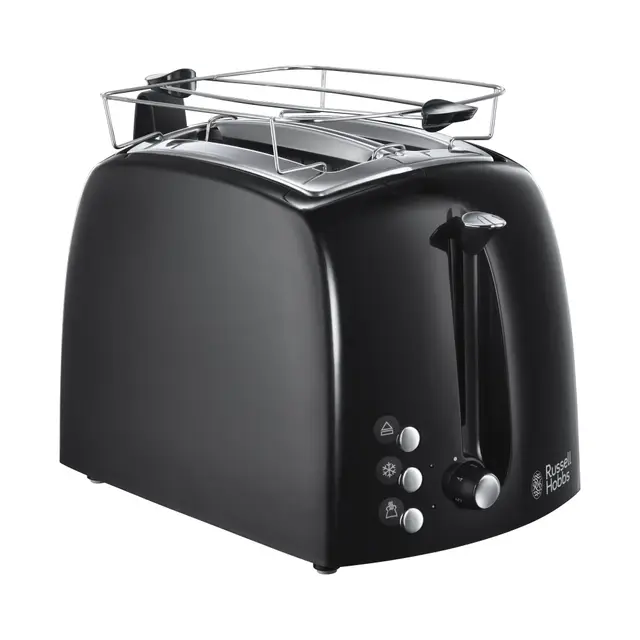 Russell Hobbs Grille pain [2 Fentes] Textures+ (extra larges, surélévation, support à petits pains & pince à toasts, 6 niveaux de dorage, décongélation & réchauffe-viennoiseries, 850W) 22601-56
