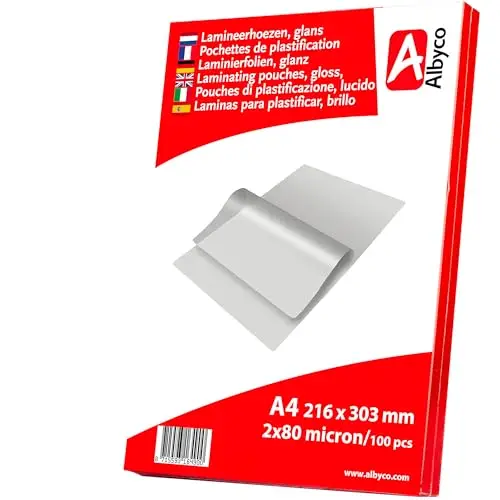 Albyco Pochettes de Plastification - Pochette Plastifieuse A4 (216x303mm) - Épaisseur 2x80 (160) Microns, Brillant - Paquet de 100 Pièces- Feuille Plastique - Feuille Plastifieuse A4