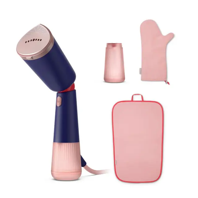 Philips Défroisseur à Main Série 5000 : 1400 W, vapeur continue, double réservoir, prêt en 35 s, modes Eco et Max, tête réglable, semelle métal, accessoires, bleu marine (STH5030/20).