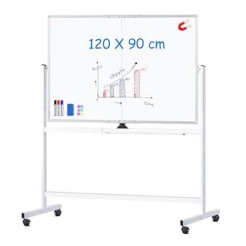 maxtek Tableau Blanc Effacable Mobile 120 x 90 cm, Grand Tableau Blanc Magnétique sur Pied, Whiteboard Double Face avec Accessoire, White Board Cadre en Aluminium pour l'école à Domicile, le Bureau