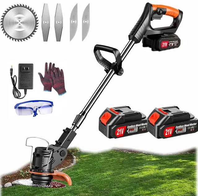 Debroussailleuse Electrique sans Fil 21V, Coupe Bordure sans Fil avec Batterie 2.0Ah et 4 Types de Lames, Débroussailleuses Electrique Batterie pour la Coupe de Jardin, Pelouses et Terres Agricoles