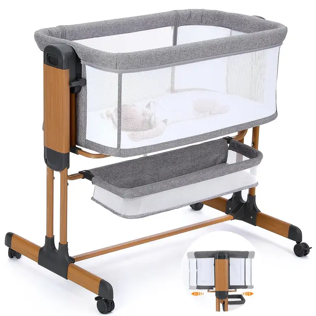 Lit Bébé Cododo, Lit Bébé 3 en 1 avec Roues, Couffin à Bascule Matelas Inclus, Berceau Bébé Portable avec Fonction Bascule, Réglables en 7 Hauteurs,Gris