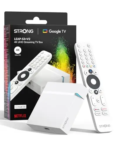 STRONG Leap-S3+V2 Streaming Box Google TV 4K UHD avec Port Ethernet, 2GB RAM + 16GB Stockage, WiFi 5, Assistant Google Vocal, HDR10+, Dolby Audio & Dolby Vision, Blanche