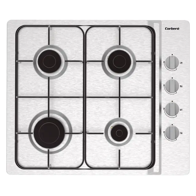 Corberó - Plaque de gaz 7,5 KwCPGS423X | 4 feux | gaz butane | Couleur inoxydable | Grille émaillée noire | Valve de sécurité coupure de gaz | Arrêt automatique de sécurité, inox, acier inoxydable