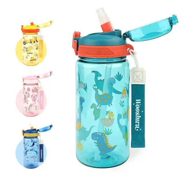 Gourde Enfant avec Paille, Pour Garçons, Anti-Fuite, Étanche, 600 ml Bouteille Enfant sans BPA, Verrouillage Sécurisé, Bouteilles d'eau pour Maternelle l'école Sport, Dinosaure