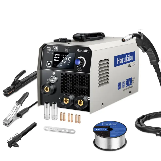 Harukiku135A Poste a Souder Fil Fourré Sans Gaz, Poste à Souder 3 en 1 (Flux MIG/ARC, MMA/Lift TIG), avec Avance Synchro du Fil & Poste à Souder Inverter IGBT Compact, pour DIY Maison & Professionnels