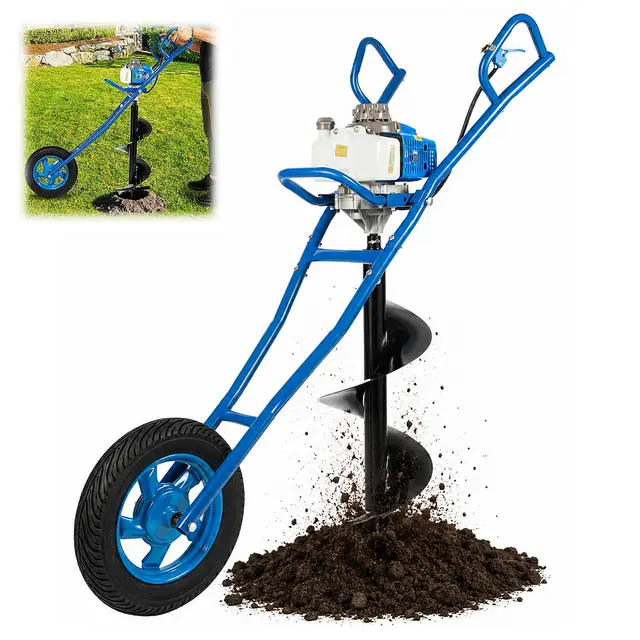 Tariere Thermique 63 cm³ 2,2 KW Tarière à Essence avec 300mm Mèches, Roues 2 Temps Moteur Brouette Tarières Perceuse de Jardin pour Chantiers de Construction, Sylviculture