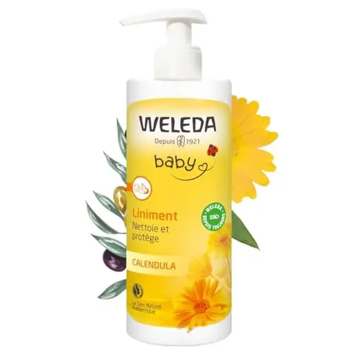 WELEDA Baby - Liniment – Soin Nettoyant Pour Le Change, Liniment Bébé Au Calendula, Huile D’Olive Bio, Nettoie, Prévient Rougeurs Et Apaise Siège Bébé, Vegan, NATRUE, Fabriqué en France, 400ml