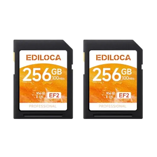 Ediloca EF2 Carte SD 256Go, Lot de 2 Cartes,Carte mémoire SD UHS-I, Lecture 100 Mo/s, écriture 90 Mo/s, C10, U3, V30, vidéo Full HD et 4K, Carte SD pour photographes Professionnels