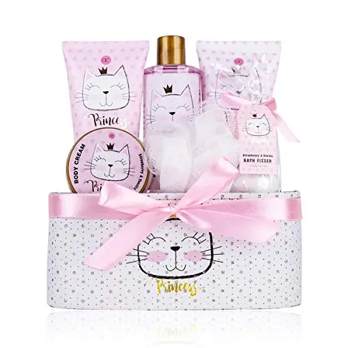 Accentra - Set cadeau Princess Kitty pour filles & femmes - Kit douche 7 pcs avec bain moussant, exfoliant, gel, lotion pour corps etc. - Assortiment soins odeur fraise & vanille dans coffret cadeaux