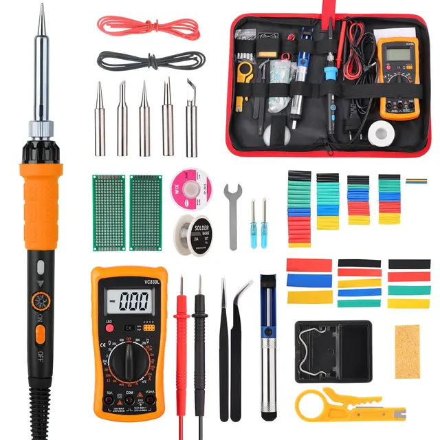 Kit de fer à souder : fer à souder avec multimètre numérique LCD, 60 W fer à souder avec 5 pointes de rechange, support, pompe à dessouder, étain à souder, pince à dénuder, pince à dénuder, pince à