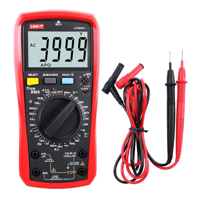 Multimètre, UT890D 6000 Comtes Multimètre Numérique True RMS Ampèremètre Voltmètre AC/DC Tension Résistance Courant Capacité Fréquence Testeur de Diode Détecteur de Fil de Feu avec Sonde LCD