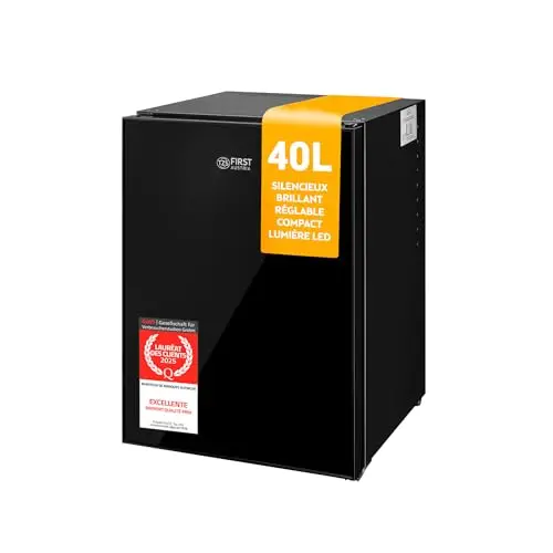 TZS First Austria - Mini réfrigérateur 40L silencieux - Petit mini-frigo avec porte réversible & lumière intérieure - Minibar pour camping, bureau, chambre & hôtel - Façade verre