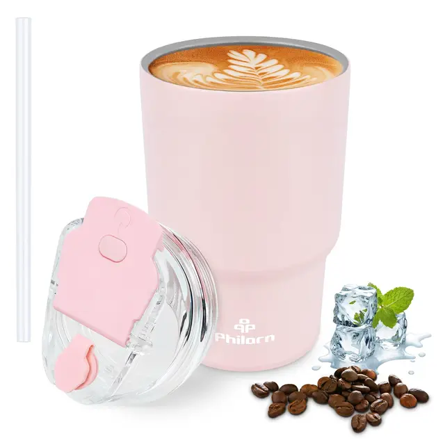 PHILORN Tasse à Café de Voyage, 14OZ/400ml Mug de Voyage Isotherme à Double Paroi, Avec Couvercle et Paille, Réutilisable Mug Café pour Boissons Chaudes et Froides (Rose)