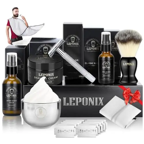 Kit Rasage Homme, Y compris Rasoir De Sureté Homme,Pâte à raser de santal,Latex de fin de semaine,Huile avant rasage,Brosse à raser,Bol à raser,Tablier barbelé Un cadeau pour un homme Mari