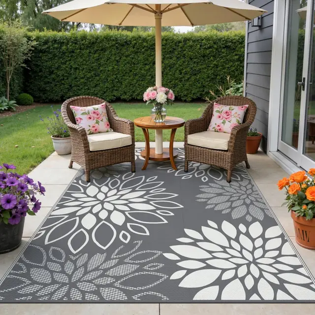 SHACOS Tapis extérieur gris floral