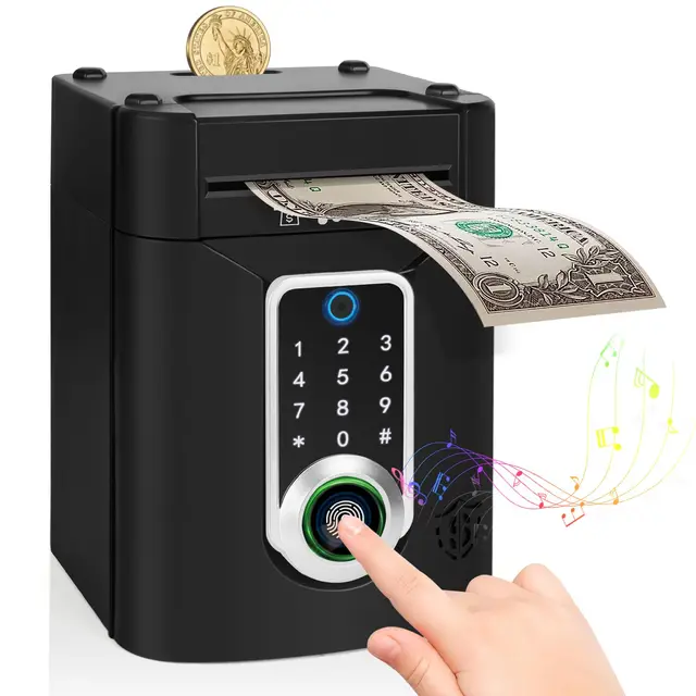 Highttoy Tirelire Électronique Enfant avec Écran Tactile et Empreinte Digitale, ATM Tirelire Coffre-Fort Enfant avec Code, Cadeau Garçon Fille 3-12 Ans, Noir