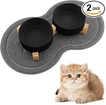 Gamelle Chat Surélevée avec Support, 400ML Gamelle Eau Chat, Tapis Chien Design à Double Bols, Idéal pour Les Chiots et Les Chats (Noir)