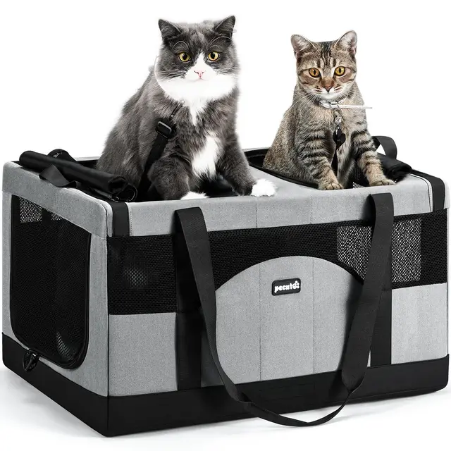 Pecute Sac de Transport pour 2 Chat, Cadre Ultra Stable, Pliable, Sac Transport Chat Portable, Écurie Sac de Transport pour Chiens de Compagnie Convient pour Les Voyages et Les Sorties, Gris