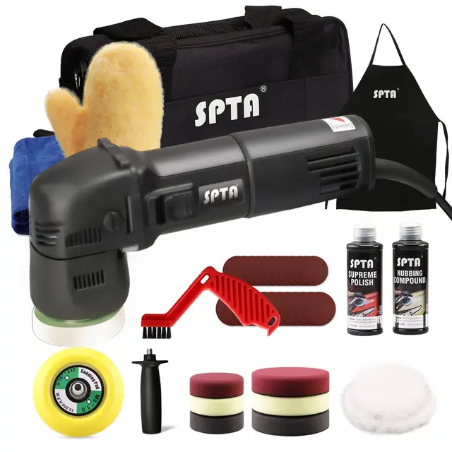 SPTA Polisseuse Excentrique, 780W Polisseuse Voiture, 1500-5500 OPM Orbitale Polisseuse Électrique, 80 100mm Polissage Pad, Variable à 6 Vitesses, Polissage, Cirage, Ponçage Kit