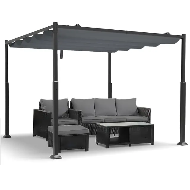 VOUNOT® Pergola Rétractable Coulissante 3x3m Tonnelle de Jardin Abri Soleil Terrasse Extérieur Structure Métal Toile Polyester 180g Haute Densité pour Jardin Gris Foncé