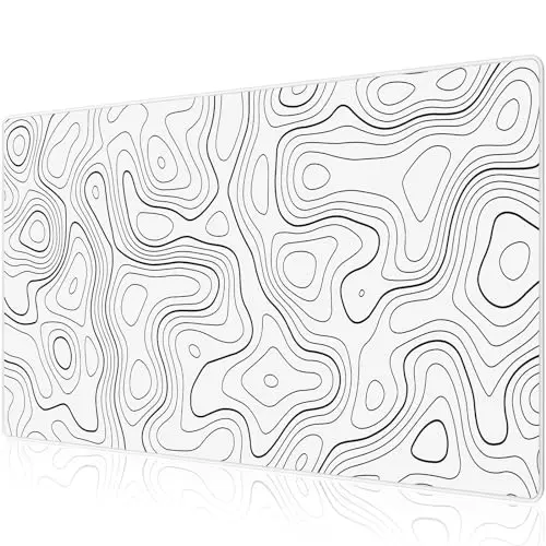 Grand tapis de souris de gaming XXL, en caoutchouc antidérapant et imperméable, pour PC, étude, ordinateur portable, ordinateur gaming, maison, blanc, motif topographique, 900 x 400 mm