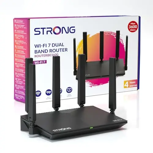 STRONG BE3600 Dual-Band Routeur Wi-FI 7, Jusqu'à 3,6 Gbit/s, MLO, Routeur Wi-FI Internet, Ports 2,5G WAN & Gigabit LAN, 5 Antennes Externes, Gestion App, Contrôle Parental, WPA3, TWT, IPv6