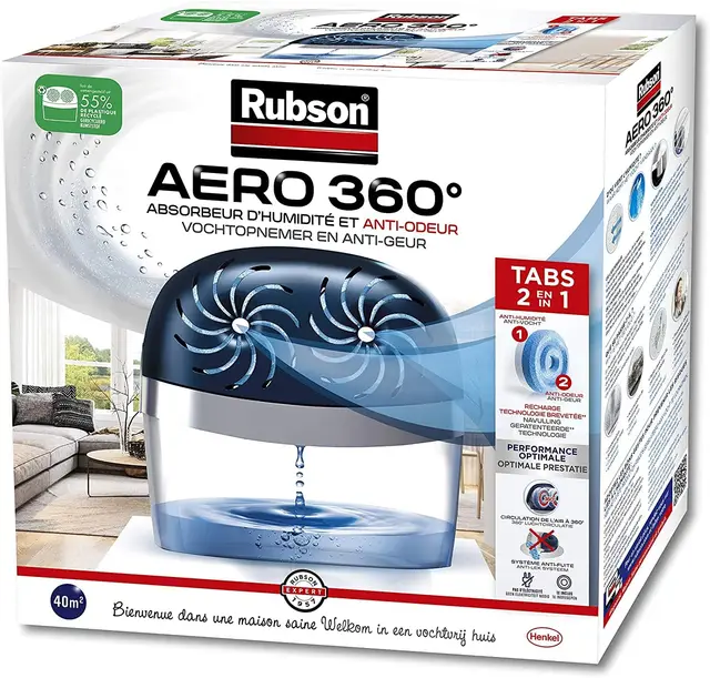 Rubson AERO 360° Absorbeur d'humidité pour pièces de 40 m², déshumidificateur d'air anti odeurs & anti moisissure, inclus 2 recharges neutres de 450 g