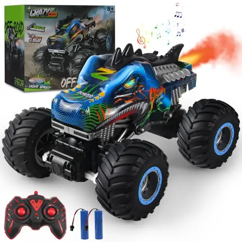 Voiture Telecommandé 1:16 RC Dinosaures Monster Truck 2.4GHz 20 Km/h Voiture Radiocommandée Tout Terrain Brume de Pulvérisation Musique Lumières LED Cadeau Les Enfants de 4 5 6 8 Ans Rouge