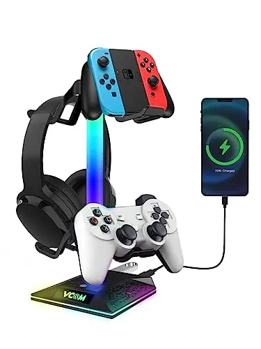 VCOM Support Casque Gamer avec 10 Modes d'éclairage, RGB Support de Casque avec 2 Ports USB, Repose Casque Gaming pour Manette Xbox PS5, Accessoire Bureau Gaming