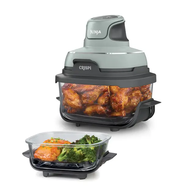 Ninja CRISPi Friteuse sans huile portable, 3,8L, 4-en-1 : Frire sans huile, Rôtir, Garder au chaud, Recroustiller, Design compact, 2 récipients avec couvercles, 1 700 W, Sauge FN101EUSG
