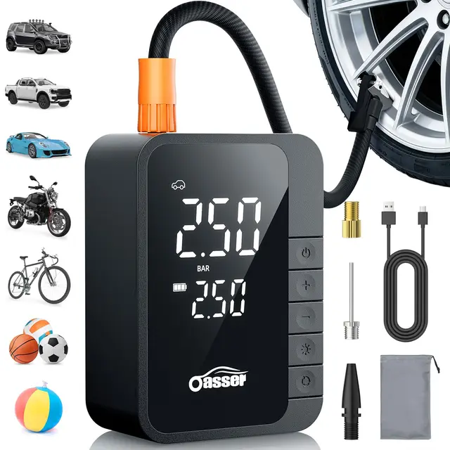 Oasser Gonfleur Pneus Voiture sans Fil 6000mAh Mini Compresseur à Air Portatif 150 PSI (10,3 Bar) Inflation Rapide Cylindre 19 mm Type-C USB Charge avec Tuyau de 30 cm et Sac de Rangement