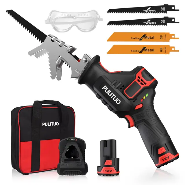 Scie Sabre Sans Fil,PULITUO 12V Scie Egoîne Electrique sans Fil Vitesse Variable 0-2700RPM,scie sabre sans fil avec batterie kit 2.0Ah&1h Chargeur Rapide,4 Lame Idéal pour Coupe de Bois,Branches,Métal