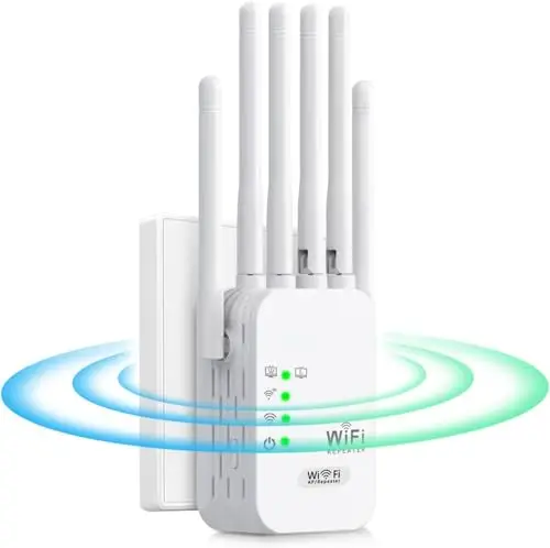 Répéteur WiFi, 1200 Mbps Amplificateur WiFi Puissant Double Bande 5 GHz & 2,4 GHz avec WPS, 6 Antennes et 2 Ports Gigabit Ethernet – Extenseur Compatible avec Toutes Les Box Internet