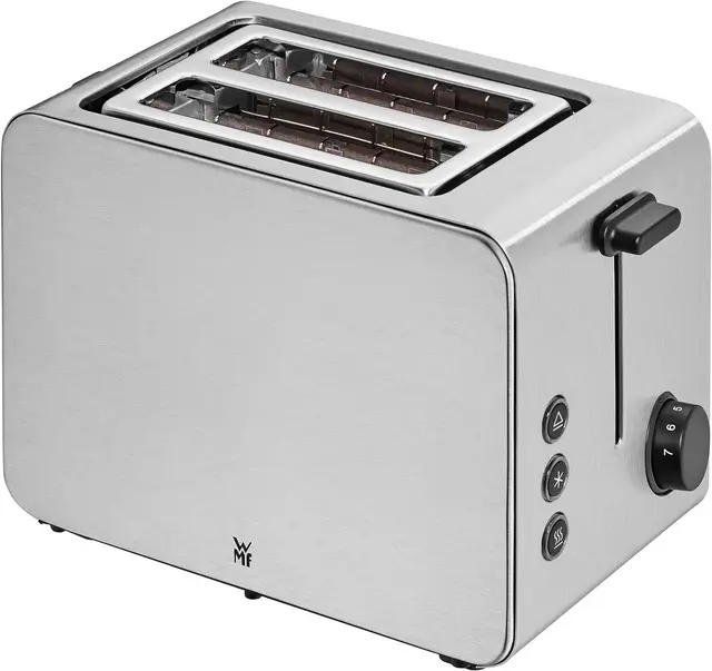 WMF Stelio Grille-pain 2 tranches en acier inoxydable, grille-pain double fente avec grille réchauffe-viennoiseries, fonction bagel, 7 niveaux de brunissement, 900 W, acier inoxydable mat