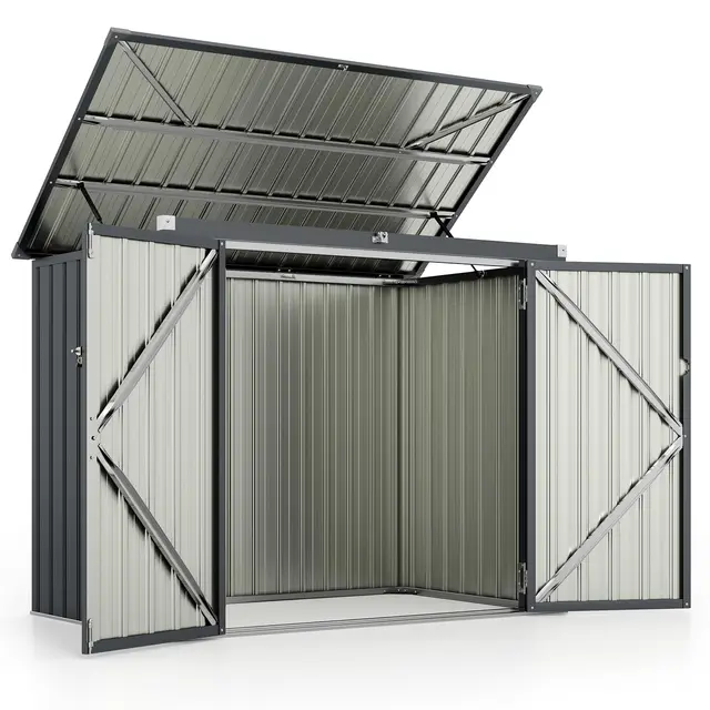 COSTWAY Abri de Jardin en Métal Galvanisé 1,5 m², Cache Poubelle Exterieur Verrouillable, Toit Ouvert, 2 Portes, Abri Poubelle Exterieur, 4 Gants, Rangement Etanche pour Vélo,Outils(Gris foncé)