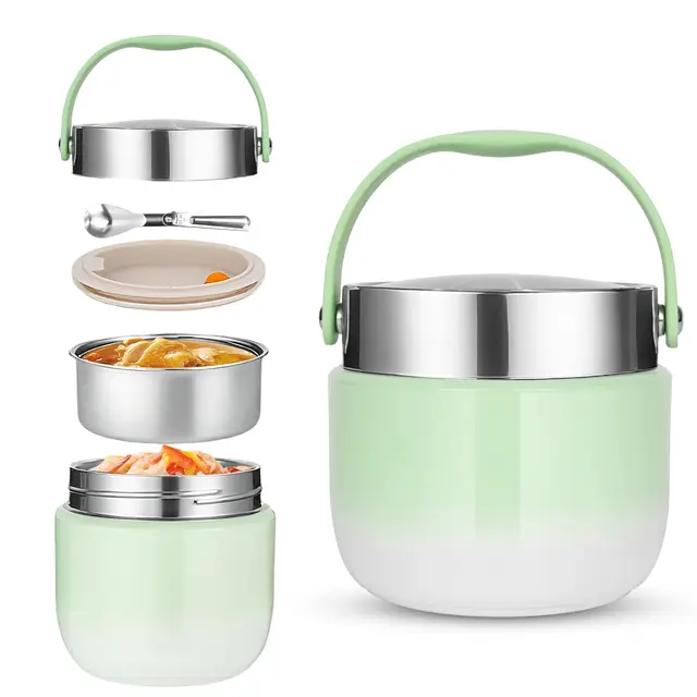 Thermo Isolant Contenant 1200ml avec Cuillère Pliante Boîtes Alimentaires Isothermes pour Conserver le Porridge,la Soupe, les Fruits, les Yaourts et les Déjeuners (Vert)